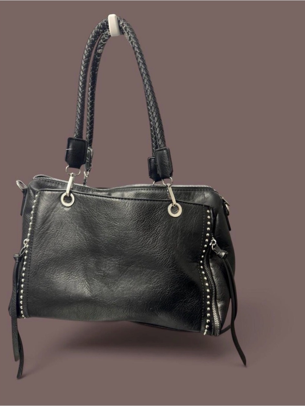 Sam & Hadley Black Studded Expandable Moto Satchel Bag